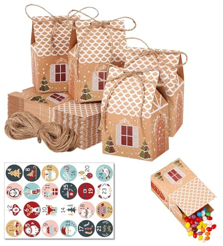 Adventskalender selber befüllen Set 24 Stück – Weihnachtskalender DIY Boxen in Hausform, 10,5x7x5 cm, Braun, mit Juteschnur & Zahlenaufklebern für Geschenke, Süßigkeiten & kleine Überraschun