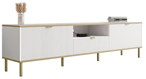 Mirjan24 TV-Lowboard Werkoz 2K1S mit 2 Klappen/Türen, Schublade und offenem Fach, Fernsehschrank mit goldenen Details, Unterschrank, Fernsehtisch (Weiß + Gold)