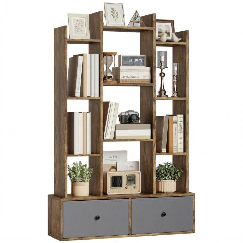 HOMCOM Tree Bookshelf 12-Tier with 2 Foldable Drawers, Rustic Brown | Floor Standing Bookcase, Freestanding Book Shelf Storage Display Shelving Unit, for Living Room, Home Office, Bedroom