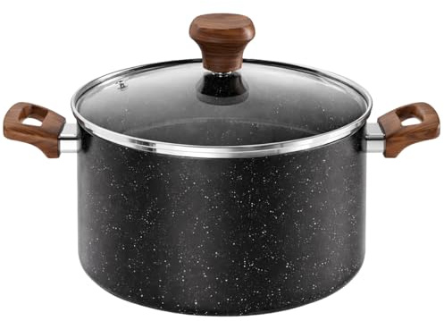 24cm Induction Base Nonstick Casserole Dish Pan with Glass Lid Stockpot | Pasta Soup Stew Pot, Stockpot Cooking Pan Gas Electric All Hobs Compatible Black Marble Effect