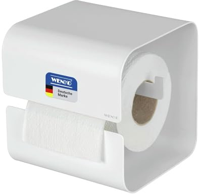 WENKO Turbo-Loc Toilettenpapierhalter Mod. Lizan, aus Stahl, selbstklebend, Starke Haftung, Wandmontage ohne Bohren, WC-Papierhalter mit Abdeckung, WC-Rollenhalter für Bad und Gäste-WC, weiß matt