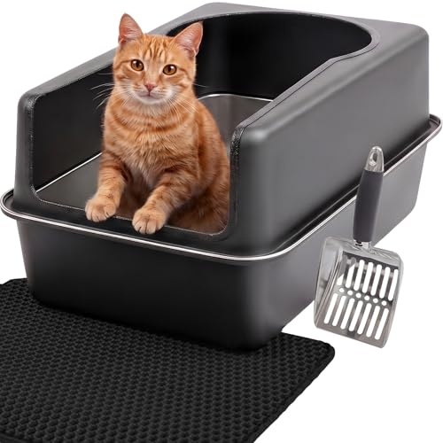 Katzenklo Edelstahl XXL Matt Schwarz – Leicht zu reinigen, geruchsresistent – Katzentoilette mit hohem Rand, 38L – Auslaufsicher, antihaftbeschichtet – Mit Schaufel & Matte