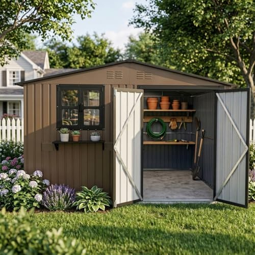 Jaxenor Gartenhaus Metall, 313,1 x 255,4 ×199,9cm, Geräteschuppen Metall mit 2 öffenbaren Fenstern, Abschließbaren Türen, Blumenregal, Außenlagerschuppen für Garten, Terrasse, Hinterhof, Braun-Schwarz