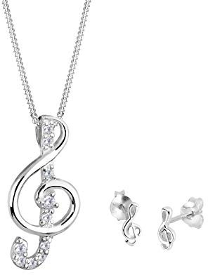 Elli Schmuckset Silber 925 Damen, Halskette mit Notenschlüssel Anhänger und Ohrstecker mit Zirkonia, Silbernes Schmuck Set mit Silberkette und Ohrringe für Frauen Mädchen, Kette Länge 45 cm