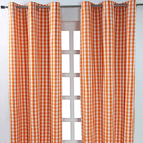 Homescapes 100% Cotton Orange Gingham Eyelet Curtains - 117 cm Wide x 137 cm Drop (46” x 54”) Block Check Pattern Country Style Curtains for Kitchen, Bedroom or Living Room