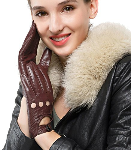 Nappaglo Damen Lederhandschuhe für fahren Touchscreen klassische Lammfell Vollfinger Motorrad Ungefüttert Handschuhe (M (Umfang der Handfläche:17.8-19.0cm), Dunkelbraun(Non-Touchscreen))