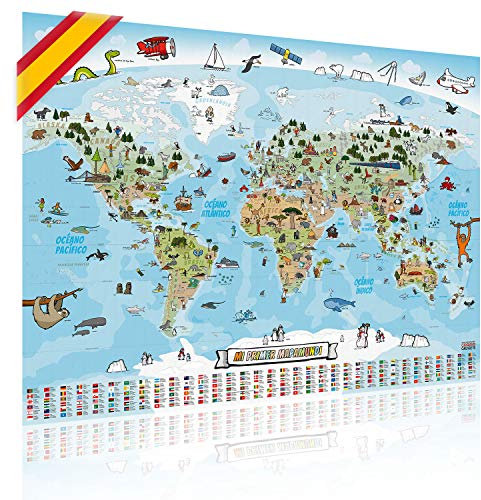 Panorama Weltkarte für Kinder XXL - 140x100cm Kinder-Weltkarte komplett handgezeichnet und koloriert (Spanisch)