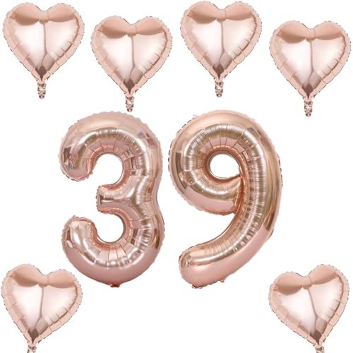 Roségold Zahlen Luftballon 39 +6 pcs herz Heliumballon 39. Geburtstag Deko für Frauen,40 Roségold Riesen Folienballon 39 für 39 Jahre Geburtstag deko, Helium Zahlenballon 39