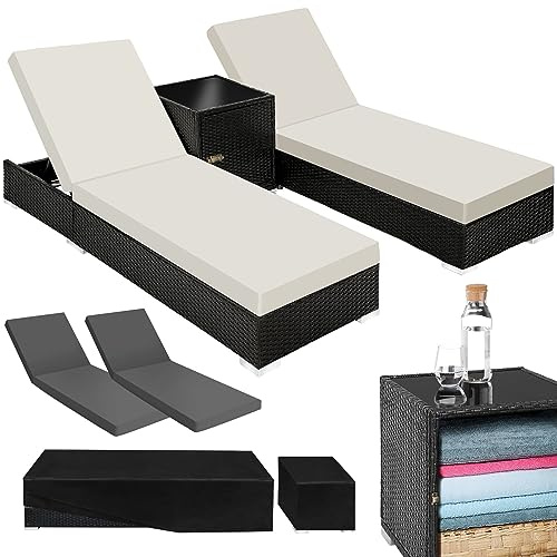 tectake® Solsäng Rotting 2-Pack med Sidobord, Solstol med Justerbar Höjd i 5 Steg, Vilstol, Eleganta Dynor Solsäng, Trädgårdsstol med Förvaringsmöjligheter, Solsäng Dubbel, Skyddsöverdrag - Svart