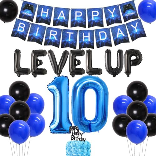 Videospiel 10. Geburtstagsfeier Dekorationen für Jungen Blau 10 Jahre alt Alles Gute zum Geburtstag Banner Ballons Level up und Game Controller Folienballons