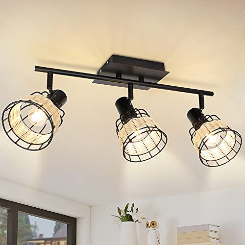 Depuley Deckenstrahler Vintage 3 flammig, Schwenkbar Spotleuchte Rattan mit E14 Fassung, Deckenleuchte Strahler Schwarz Landhausstil, Drehbarer Strahler für Schalfzimmer Küche Esszimmer