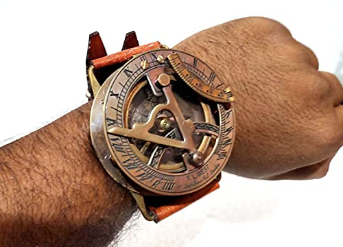 Vimal Nautical Braune Antik Messing & Schaum Armbanduhr Sonnenuhr Kompass Handgelenk Sonnenuhr Stempel Uhr ca. 7,6 cm
