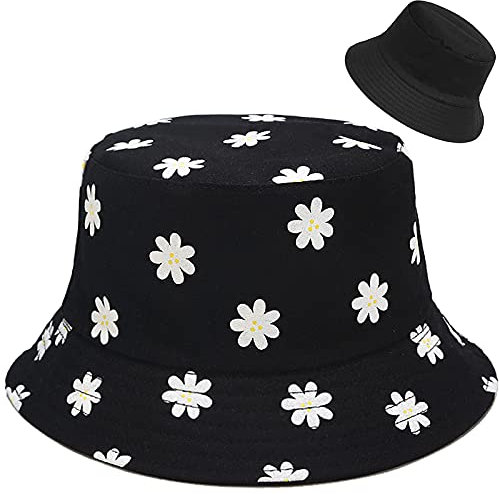 XYIYI Blume Schwarz Reversibel Fischerhüte Anglerhut Sonnenhut Für Damen Mädchen