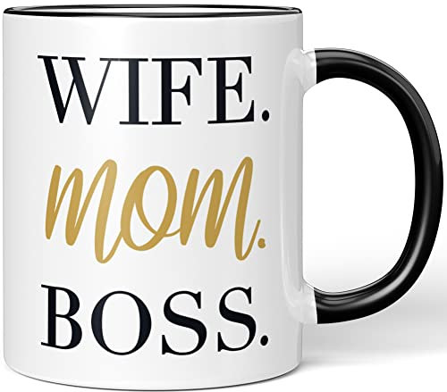 JUNIWORDS Tasse, Wife. Mom. Boss, Wähle Farbe, Schwarz