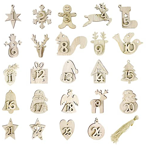 Andiker 24 Stück Adventskalender Zahlen Holz, 1-24 Adventskalender Holz Anhänger mit Seil, Weihnachtsbaum hängende Ornamente DIY Handwerk für Weihnachten Geburtstag Dekorationen