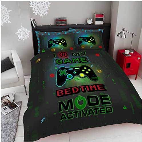 GC GAVENO CAVAILIA Luxury Games Bedding Bed Sets - Easycare Xbox Gamer Quilt Cover For Boys - Reversible Geometric Duvet Cover Double Set with Pillow Cases - Multi