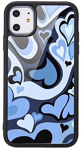 MAYCARI Aesthetic Cute Blue Heart Printed Cases for iPhone 11 Pro，Cute Slim Soft TPU Hard Back Shatter-Resistant Shockproof Anti-Fall Protective Girly Painting Art Cover Case for Girls Women Children