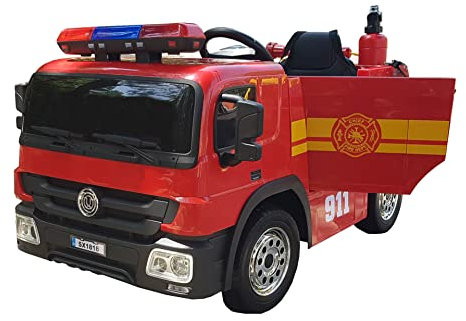 PEKECARS Electric Firefighter Truck Red 12V 2.4G Remote Control 1 Seater with Rocker System, Transport Handle and LED Lights, 2 Motors 12V/10Ah Battery, EVA Wheels
