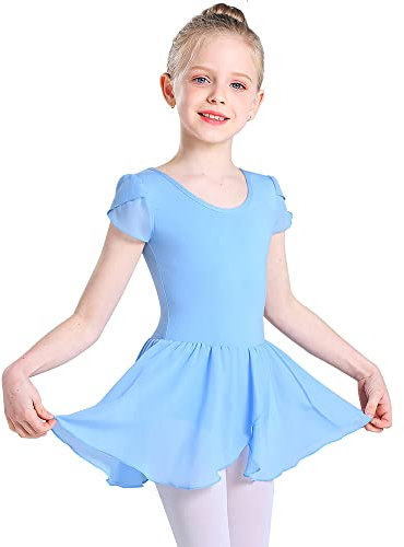 Monbessi Ballettkleidung Mädchen Ballettkleid Kurzarm Tanzkleid Balletttrikot aus Baumwolle mit Chiffon Rock Tütü 2-11Jahre 90-150 CM (140, Blau)