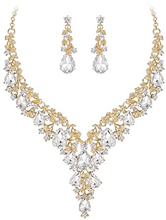 Clearine Statement Schmuck-Set Tropfen Strass Cluster Statement Halskette und Ohrhänger-Set Kostümschmuck für Damen Klar Gold-Tone