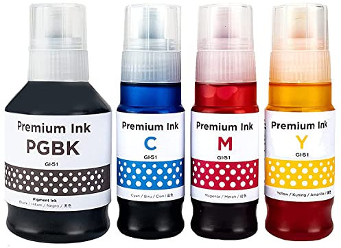 SHUOLEI GI-50 GI-51 Encre Compatible pour Canon GI51 GI50 Bouteilles d'encre pour PIXMA G5050 G6050 G7050 GM2050 GM4050 G2570 G1520 G1560 G2520 G2560 G3520 G3560 G1530 G3570 G4570(4-Pack BK/C/M/Y)