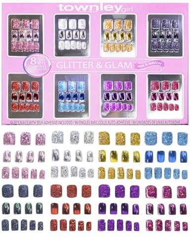 Townley Girl 96 Pcs Glitter-Glamup & Metallic Press-On Nails Ensemble de Faux Ongles Artificiels avec Kit de Pointes d'Ongles en Acrylique à Couverture Complète Pré-Collées, Sleepovers et Makeovers