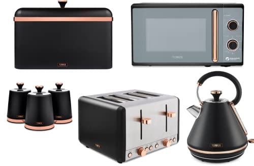 Tower Cavaletto Black & Rose Gold Kitchen Set of 7 Including Pyramid Kettle, 4 Slice Toaster, Microwave, Bread Bin & 3 Tea, Coffee & Sugar Canisters