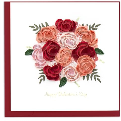 Quilling Card Handmade Quilled Valentine's Day Bouquet Greeting Card – 6x6 Inch Blank Card with Envelope – Fair Trade Verified – Unique Paper Art Keepsake for a Loved One