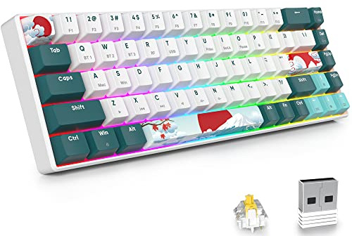 Fogruaden Teclado mecánico inalámbrico 60% para juegos 60%, teclado 2.4G/USB-C/Bluetooth, retroiluminado RGB, mini teclado compacto NKRO de 68 teclas para Win/Mac (Gateron Yellow Switch, Bosque)