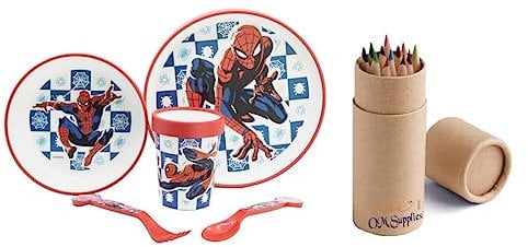 Spiderman - Juego de vajilla para niños, diseño de caricaturas, antideslizante, bicolor, apto para microondas, plato, tazón, taza y cubiertos, plástico reutilizable sin BPA (Spiderman)