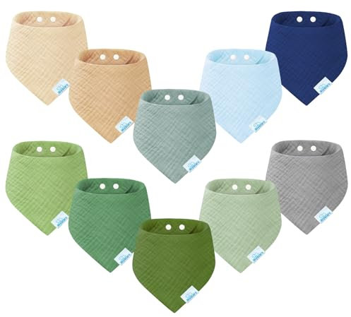 Miyacare 10 Stück Lätzchen Baby Dreieckstuch, Super Saugfähige,100% Baumwoll, Halstuch Baby, mit 4 Verstellbares Druckknopf, für Baby Jungen und Mädchen (Natürliche Grüntöne)