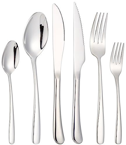 CISAY Juego de cubiertos para 6 personas, 36 piezas, acero inoxidable, color negro, incluye cuchillo, tenedor, cuchara, cuchillo de carne, pulido espejo, apto para lavavajillas (plata)