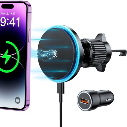 Rolgno Support Telephone Voiture Induction, Auto-Align Support Voiture Pour MagSafe, Pince Vent Ultra Stable & Charge Rapide, Compatible avec Les Séries iPhone 16/15/14 Chargeur Voiture, QC 3.0 Inclus