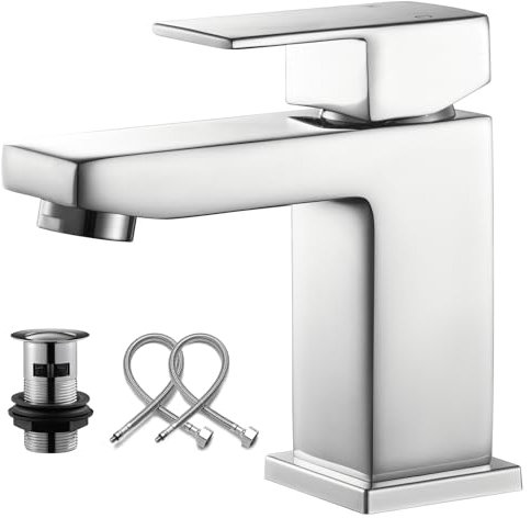 Borlon Basin Mixer Tap Chrome Single Handle Bathroom Sink Taps with Pop up Waste Hot and Cold Mixer for Bathroom, Cloakroom, Washroom