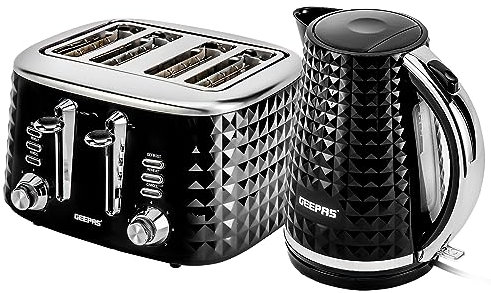 Geepas 4 Slice Bread Toaster & 1.7L Cordless Electric Kettle Combo Set with Textured Design – 1750W Toastie Machine with 7 Browning Control - 2200W Kettle with Auto Shut Off & Boil Dry Sensor, Black