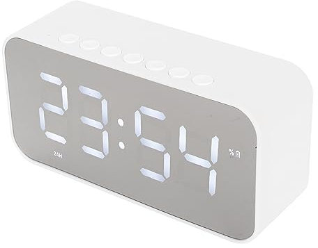 Kabellose Bluetooth-Lautsprecher mit Wecker, Digitaluhr mit Bluetooth-Lautsprecher, Unterstützt FM-Radio, Dual-Alarme, Spiegel-LED-Display, Freisprechen, für Schlafzimmer (Weiß)