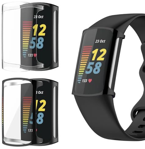carinacoco 2 Pack Case Compatible for Fitbit Charge 6/Charge 5 With Tempered Glass Screen Protector, TPU Full Coverage Plated Watch Protective Cover Bumper Shell Cover, black+Transparent