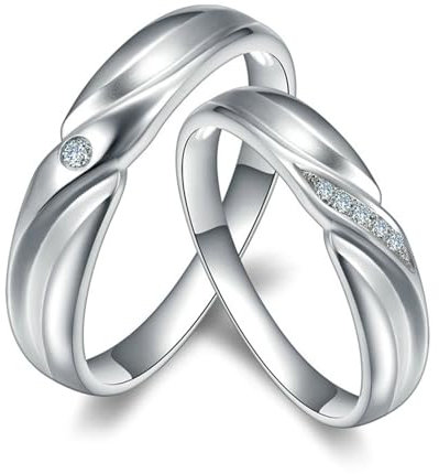 Ringe Frauen mit Gravur, Silberringe Platin PT950 6 Lab Diamant 0.042CT Ij Rundschliff VVS mit Damen 58 (18.5) + Herren 57 (18.1) Gravur Jahrestag