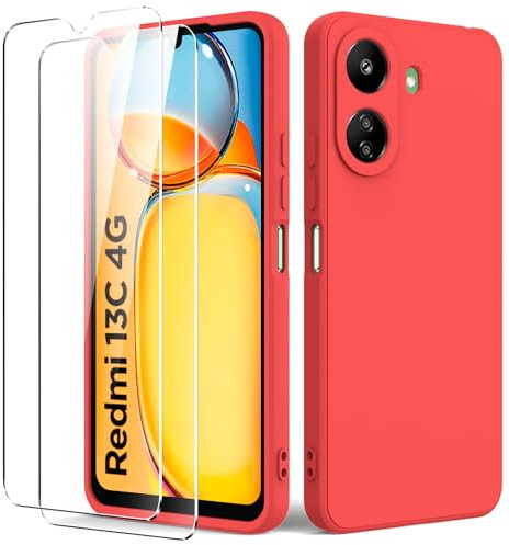 Byvuwiay Funda Compatible con Xiaomi Redmi 13C / Xiaomi Poco C65, con 2 Piezas Cristal Templado, Carcasa de Líquida TPU Anti-Choque, Carcasa Xiaomi Redmi 13C / Xiaomi Poco C65, Rot