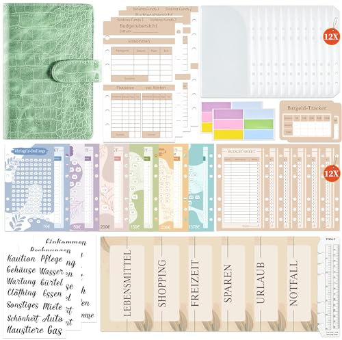 Budget Planner Deutsch | Binder - Sparchallenge Bugetplaner Deutsch, Giantzhong Budget Binder A6 Leder Startset, Geldumschläge Umschlagmethode - Finanzplaner Haushaltsbuch - Cash Stuffing (Grün)