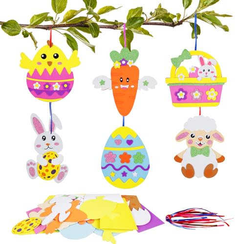 DKINY 12 Pack Easter Crafts Kit for Kids - DIY Easter Egg Bunny Chick Basket Rabbit Carrot Sheep EVA Foam Making Kit - Arts and Crafts for Toddlers - Hanging Decorations