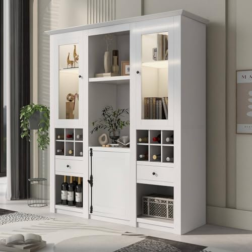 PUGSDRLY Armoire de Rangement Moderne Avec Portes - Buffet Polyvalent Avec Lumière LED et Étagères Pour Salon (143 x 45,5 x 170 cm)