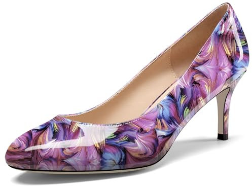 NobleOnly Damen Geschlossene Runde Zehenkappe Mittlerem Kitten Absatz Heel Slip-on Büroschuhe Pumps Dress Lässig Klassisch Schuhe 6.5 cm Heels Lila Wirbel 40 EU