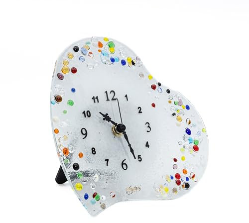 Sospiri Venezia Reloj de Mesa de Cristal de Murano Mecanismo Silencioso Adorno para el Hogar Decorado a Mano - Idea de Regalo para Recuerdos de Ceremonia con Caja Elegante (14x14 cm, Corazón)