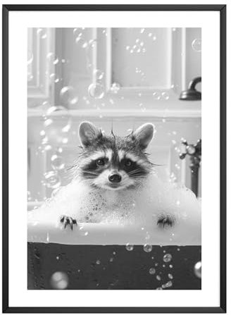 MJ-GRAPHICS® | Badezimmer Deko Bilder - Waschbär-Badezimmer Deko Bild Schwarz-Weiß | Witzige Wanddekoration für Toilette - lustige Wanddeko - WC Toilette Deko| Din A2 Qualitätsdruck - ohne Rahmen