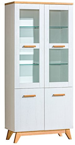 MINIO go for it - Glasvitrine Stehend Seven, Vitrinenschrank Wohnzimmer 85 cm, Romantischen Stils Glas Vitrinenschrank, Schrank mit Glastüren - Nash Eiche/Anndersen Kiefer Farbe mit LED