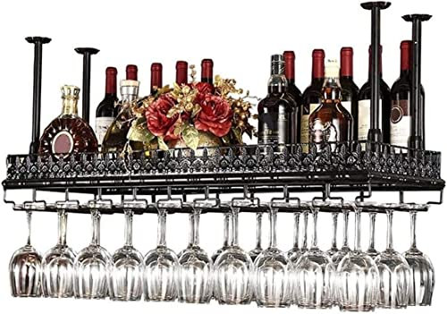 Genérico Botellero invertido, Estante para Copas de Techo, botellero de Techo de Metal, Estante para Copas de Vino Colgante, Altura y Ancho Ajustables para Bares, restaurantes, cocinas (Negro, 80 cm