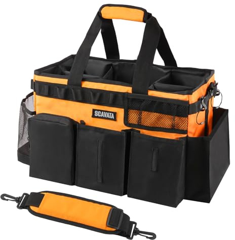 SCAVATA Wearable Cleaning Caddy Bag, Cleaning Caddy Supplies Organizer with Handle & Shoulder Straps for Housekeepers, Under Sink & Car Cleaning Tool Organizers with 4 Foldable Divider (Orange)