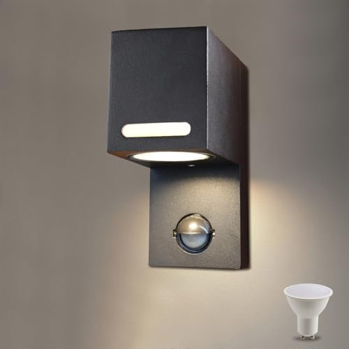 da LIGHT Außenlampe mit Bewegungsmelder, GU10 Wandleuchte (Leuchtmittel inklusive), Wandlampe IP44 Wasserdicht Aluminiumgehäuse, Led Außenwandleuchte 5W 600LM 3000K Warmweiß