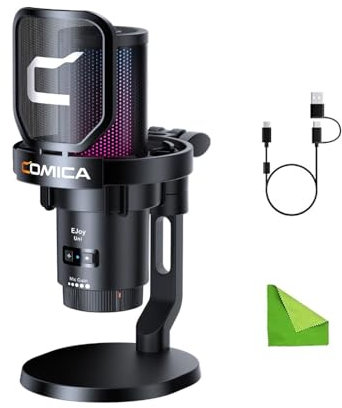 COMICA EJoy Uni (D) Micrófono Negro para computadora y teléfono Inteligente, RGB Cardioid Condenser Gaming Mic para podcasting, transmisión, grabación, con Soporte de Escritorio